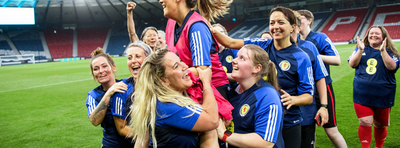 Carnoustie Panmure FC celebrate on the Hampden pitch