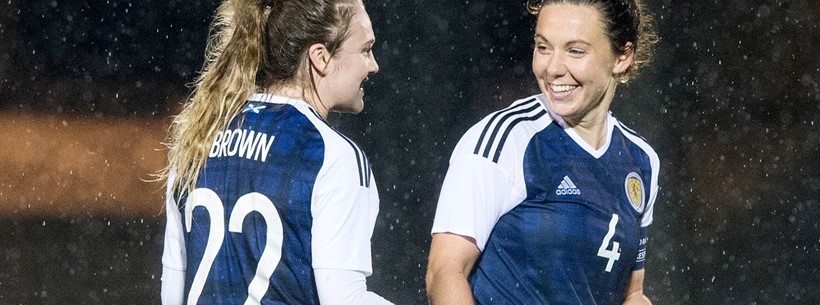 Fiona Brown and Rachel Corsie celebrate at full time