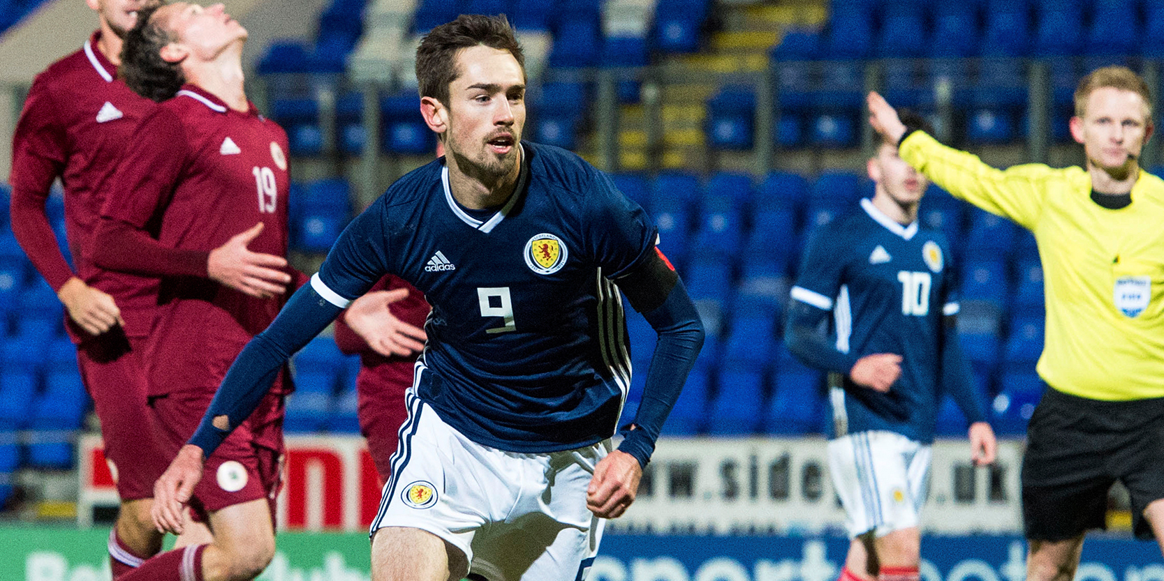 Ryan Hardie celebrates after scoring a penalty for Scotland Under-21s