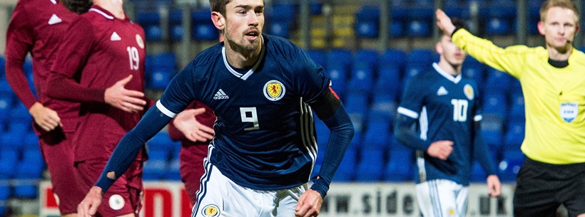 Ryan Hardie celebrates after scoring a penalty for Scotland Under-21s