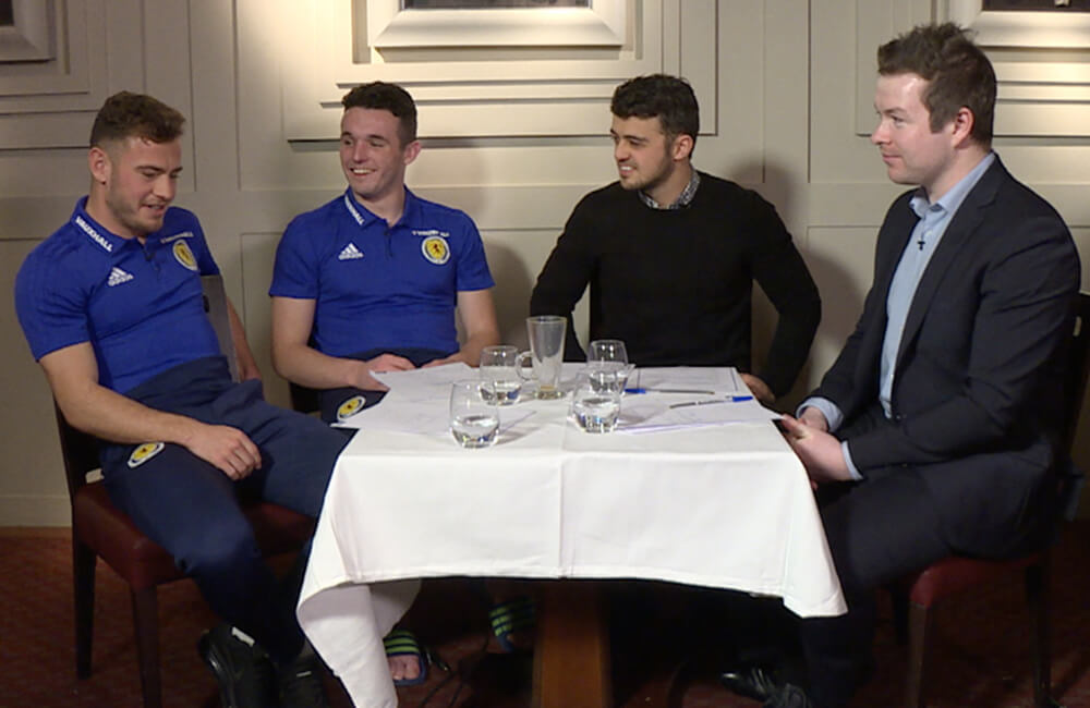 Ryan Fraser and John McGinn with the Official Scotland Podcast team