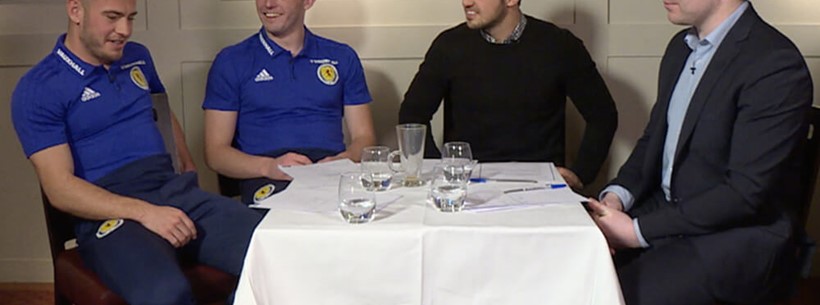 Ryan Fraser and John McGinn with the Official Scotland Podcast team