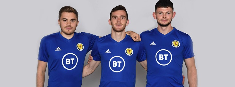 James Forrest, Andy Robertson, Oliver Burke with BT Training Tops
